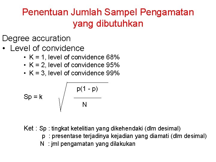 Penentuan Jumlah Sampel Pengamatan yang dibutuhkan Degree accuration • Level of convidence • K
