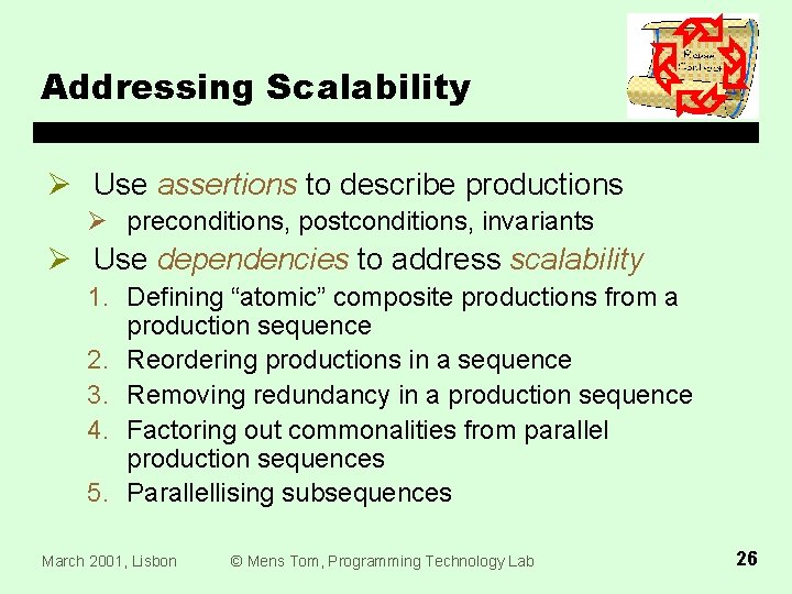 Addressing Scalability Ø Use assertions to describe productions Ø preconditions, postconditions, invariants Ø Use