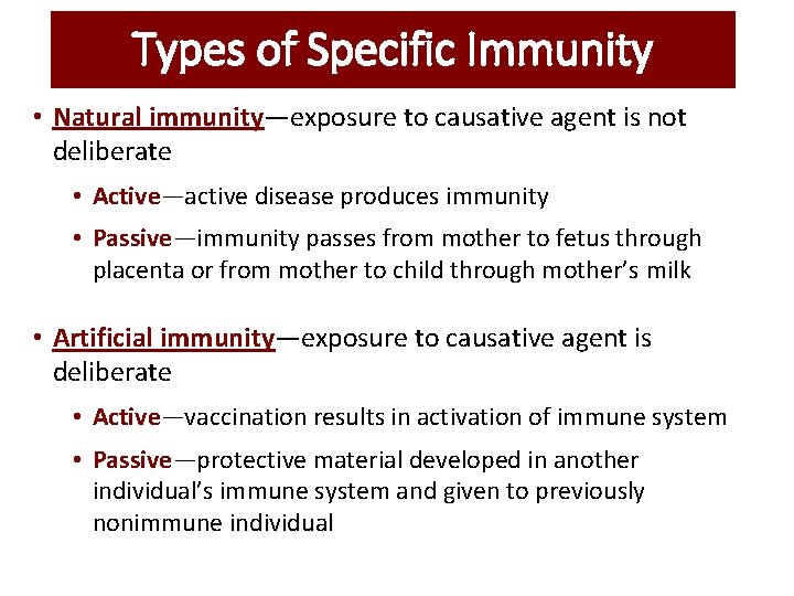 Types of Specific Immunity • Natural immunity—exposure to causative agent is not deliberate • Types of Specific Immunity • Natural immunity—exposure to causative agent is not deliberate •