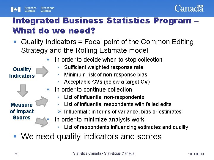 Integrated Business Statistics Program – What do we need? § Quality Indicators = Focal