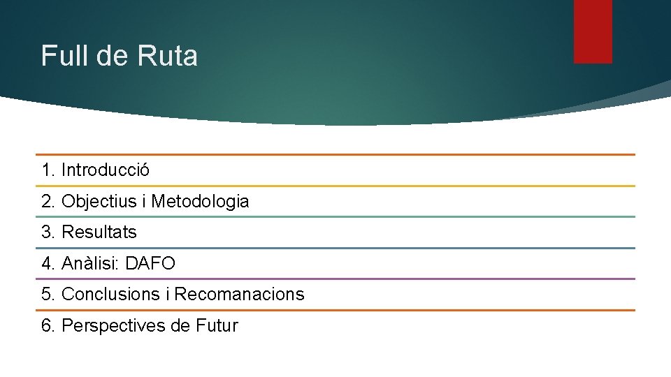 Full de Ruta 1. Introducció 2. Objectius i Metodologia 3. Resultats 4. Anàlisi: DAFO