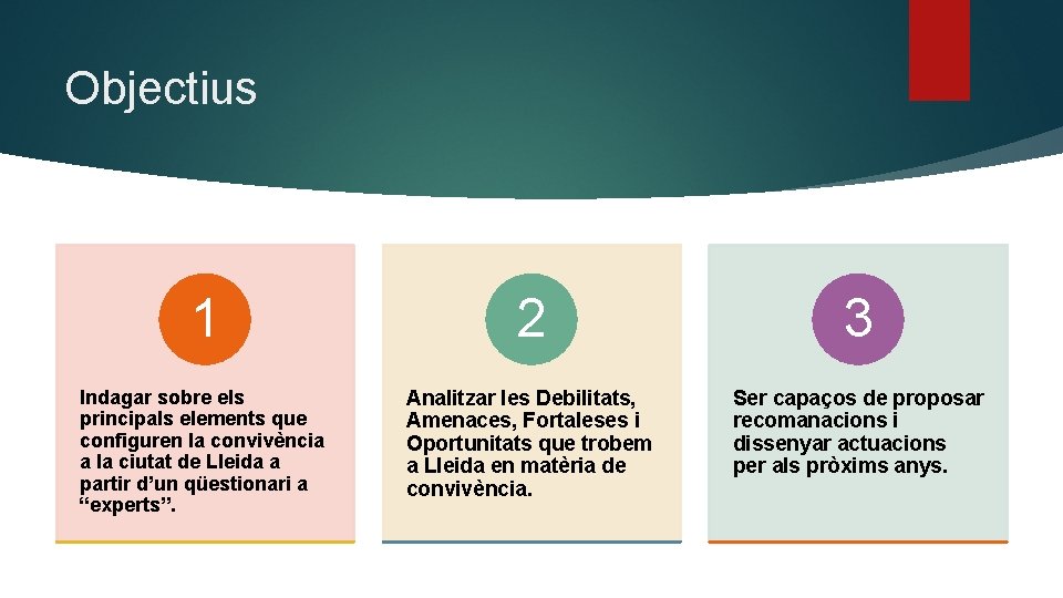 Objectius 1 2 3 Indagar sobre els principals elements que configuren la convivència a