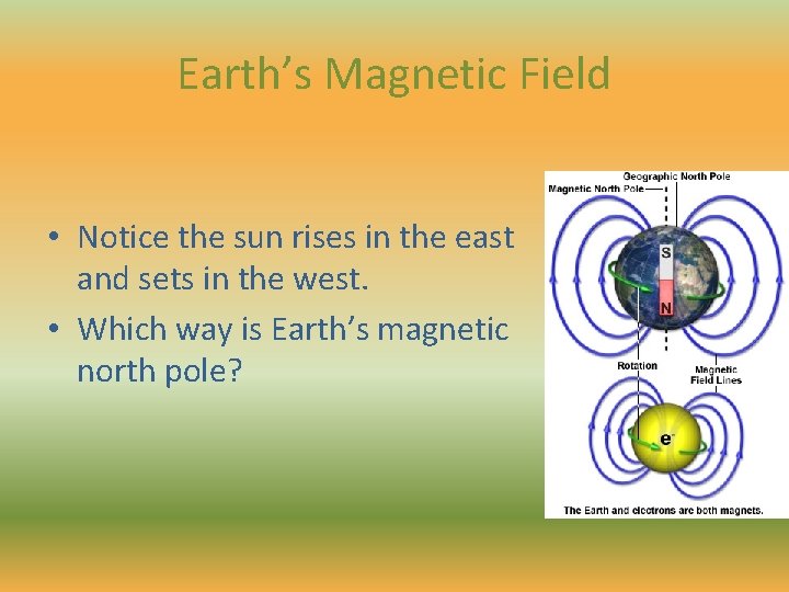 Earth’s Magnetic Field • Notice the sun rises in the east and sets in