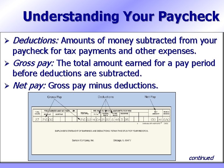 Understanding Your Paycheck Ø Deductions: Amounts of money subtracted from your paycheck for tax