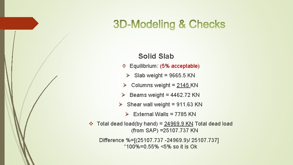 Solid Slab Equilibrium: (5% acceptable) Ø Slab weight = 9665. 5 KN Ø Columns