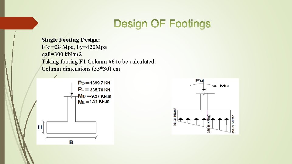 Single Footing Design: F’c =28 Mpa, Fy=420 Mpa qall=300 k. N/m 2 Taking footing