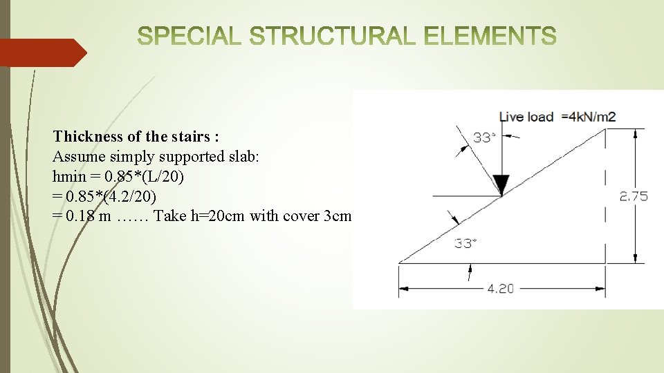 Thickness of the stairs : Assume simply supported slab: hmin = 0. 85*(L/20) =