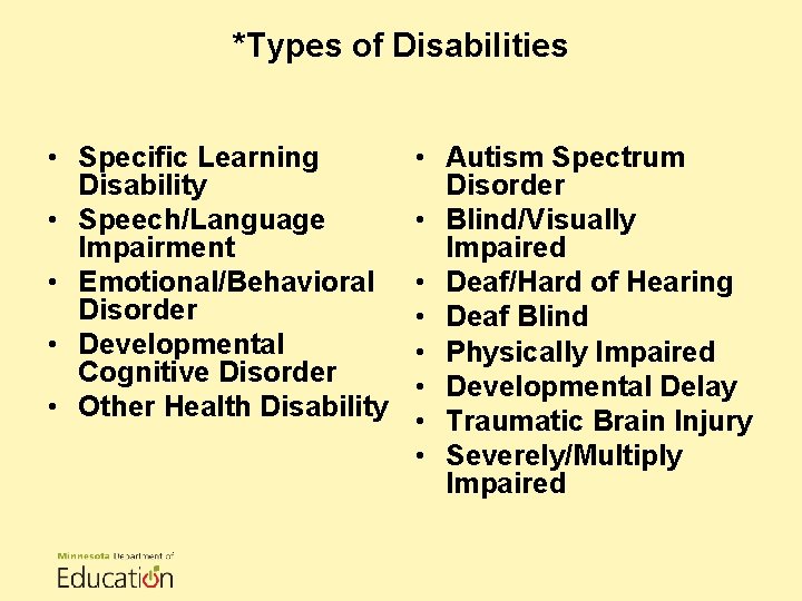 *Types of Disabilities • Specific Learning Disability • Speech/Language Impairment • Emotional/Behavioral Disorder •