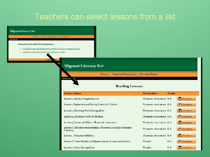 Teachers can select lessons from a list 