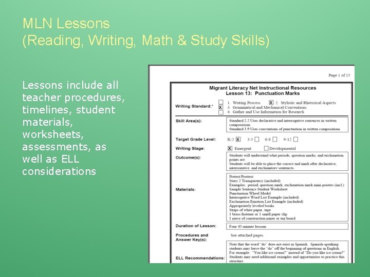 MLN Lessons (Reading, Writing, Math & Study Skills) Lessons include all teacher procedures, timelines,