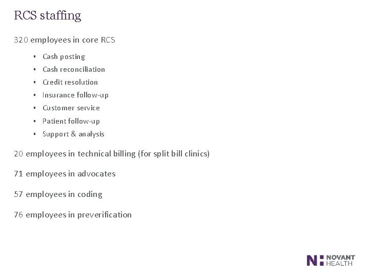 RCS staffing 320 employees in core RCS § Cash posting § Cash reconciliation §