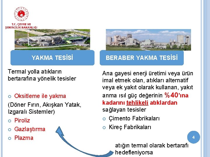 YAKMA TESİSİ Termal yolla atıkların bertarafına yönelik tesisler Oksitleme ile yakma (Döner Fırın, Akışkan