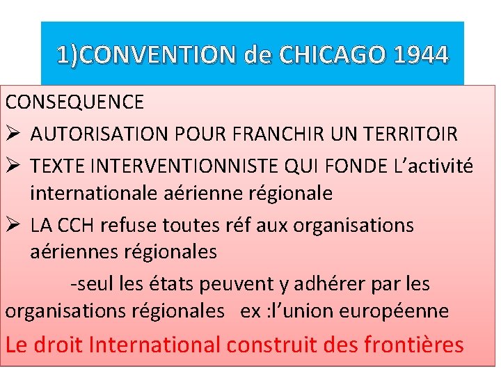 1)CONVENTION de CHICAGO 1944 CONSEQUENCE Ø AUTORISATION POUR FRANCHIR UN TERRITOIR Ø TEXTE INTERVENTIONNISTE