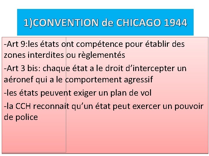 1)CONVENTION de CHICAGO 1944 -Art 9: les états ont compétence pour établir des zones