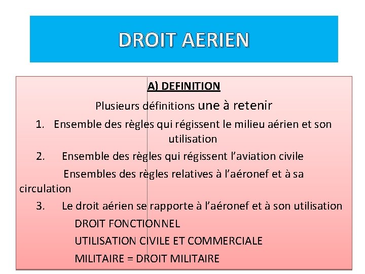 DROIT AERIEN A) DEFINITION Plusieurs définitions une à retenir 1. Ensemble des règles qui