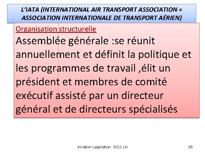 L’IATA (INTERNATIONAL AIR TRANSPORT ASSOCIATION = ASSOCIATION INTERNATIONALE DE TRANSPORT AÉRIEN) Organisation structurelle Assemblée