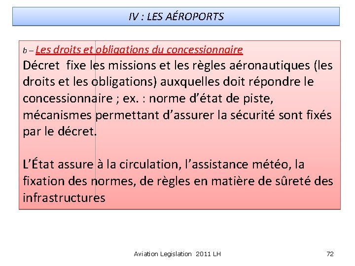 IV : LES AÉROPORTS b – Les droits et obligations du concessionnaire Décret fixe