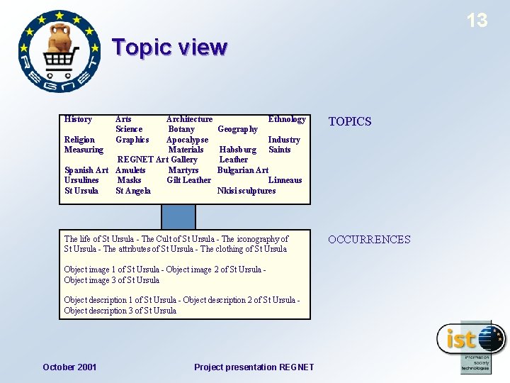 13 Topic view History Arts Science Graphics Architecture Botany Religion Apocalypse Measuring Materials REGNET