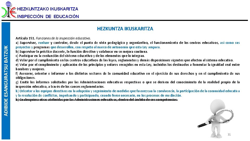 HEZKUNTZAKO IKUSKARITZA INSPECCIÓN DE EDUCACIÓN ADIBIDE ESANGURATSU BATZUK HEZKUNTZA IKUSKARITZA Artículo 151. Funciones de