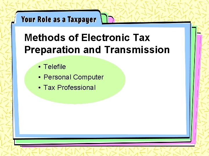 Methods of Electronic Tax Preparation and Transmission • Telefile • Personal Computer • Tax