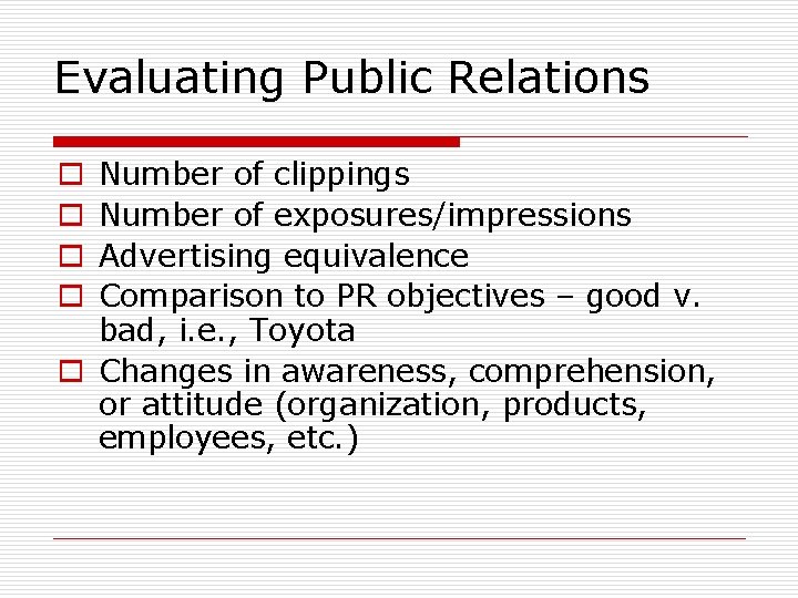 Evaluating Public Relations Number of clippings Number of exposures/impressions Advertising equivalence Comparison to PR