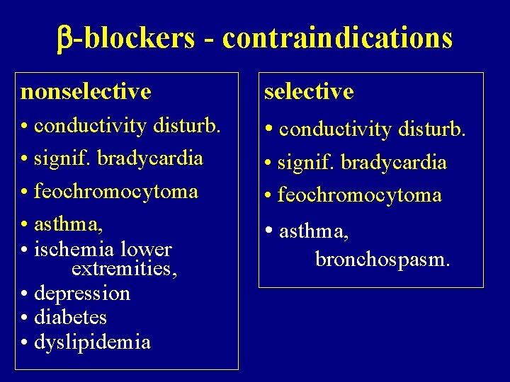 -blockers - contraindications nonselective • conductivity disturb. • signif. bradycardia • feochromocytoma • -blockers - contraindications nonselective • conductivity disturb. • signif. bradycardia • feochromocytoma •