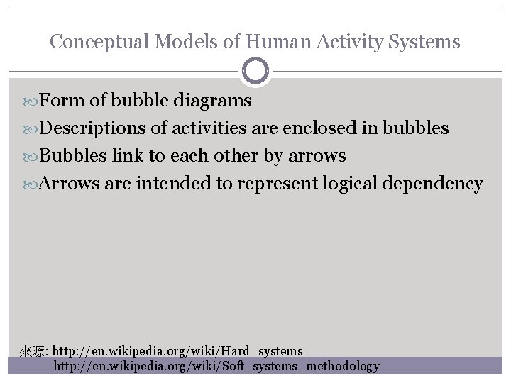 Conceptual Models of Human Activity Systems Form of bubble diagrams Descriptions of activities are