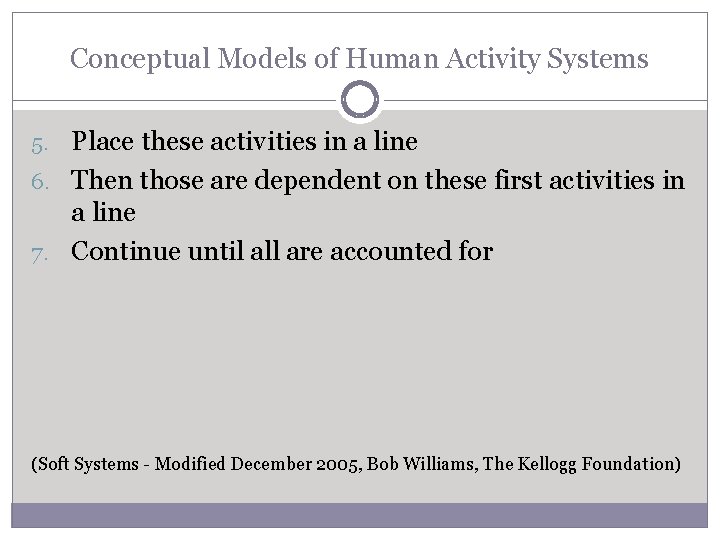 Conceptual Models of Human Activity Systems 5. Place these activities in a line 6.