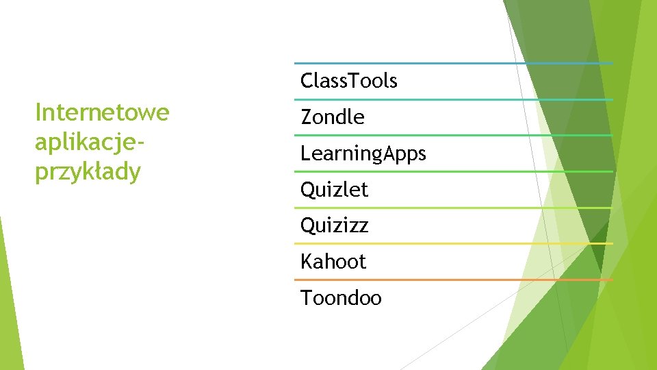 Class. Tools Internetowe aplikacjeprzykłady Zondle Learning. Apps Quizlet Quizizz Kahoot Toondoo 