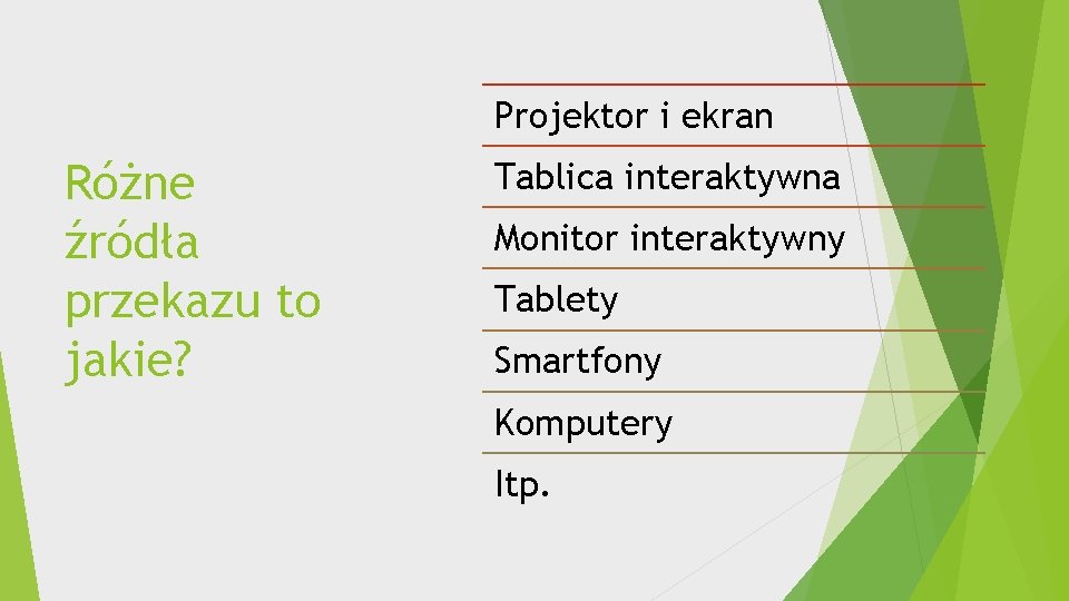 Projektor i ekran Różne źródła przekazu to jakie? Tablica interaktywna Monitor interaktywny Tablety Smartfony