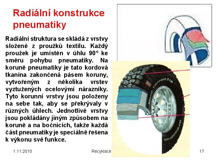 Radiální konstrukce pneumatiky Radiální struktura se skládá z vrstvy složené z proužků textilu. Každý