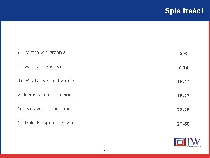 Spis treści I) Istotne wydarzenia 3 -6 II) Wyniki finansowe 7 -14 III) Realizowana