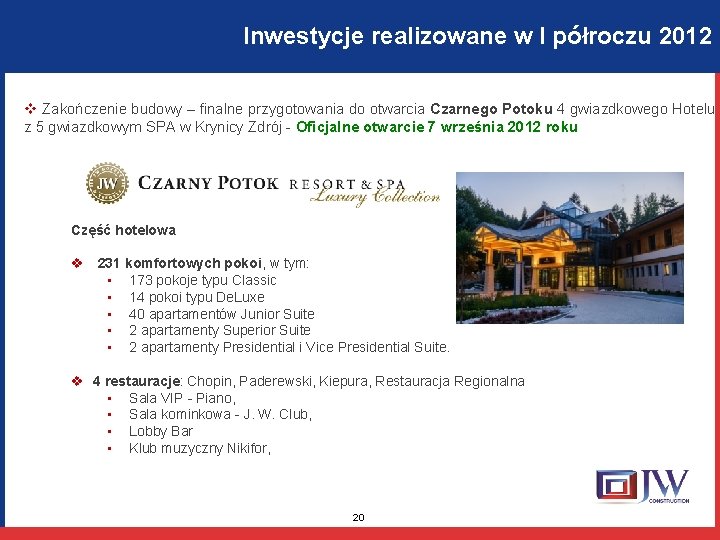 Inwestycje realizowane w I półroczu 2012 v Zakończenie budowy – finalne przygotowania do otwarcia