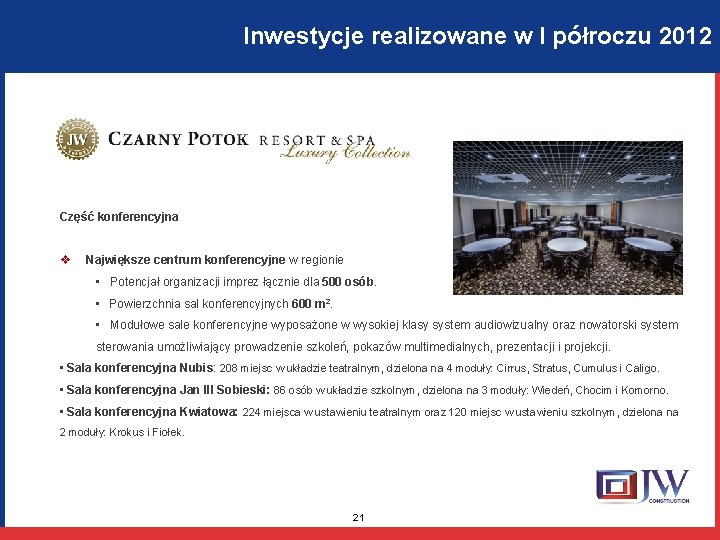 Inwestycje realizowane w I półroczu 2012 Część konferencyjna v Największe centrum konferencyjne w regionie