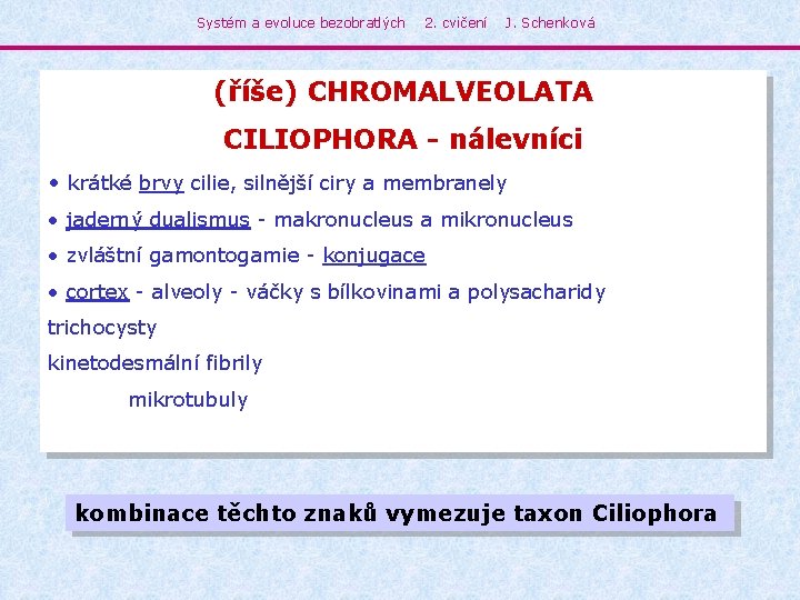 Systém a evoluce bezobratlých 2. cvičení J. Schenková (říše) CHROMALVEOLATA CILIOPHORA - nálevníci •