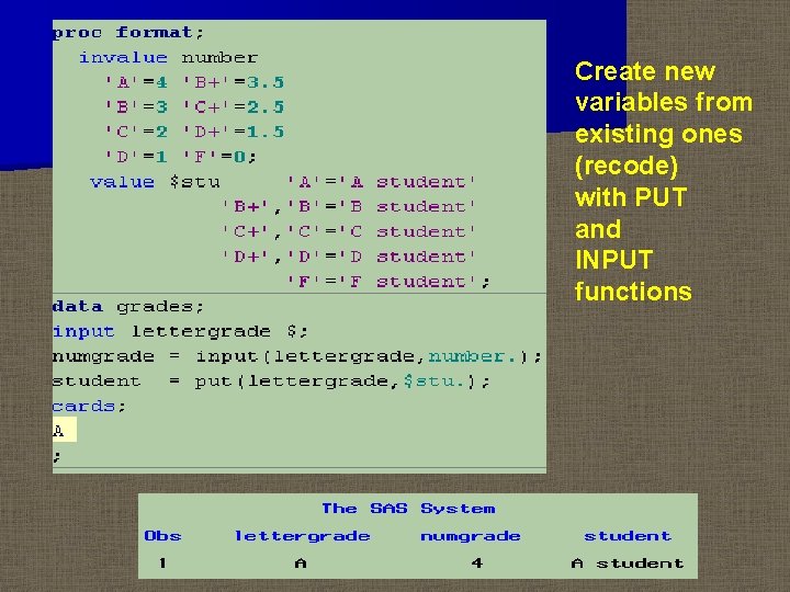 Create new variables from existing ones (recode) with PUT and INPUT functions 