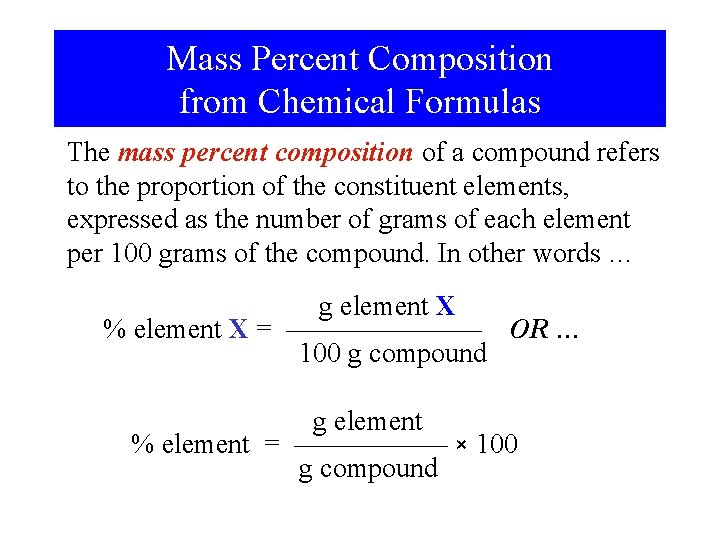 Mass Percent Composition from Chemical Formulas The mass percent composition of a compound refers