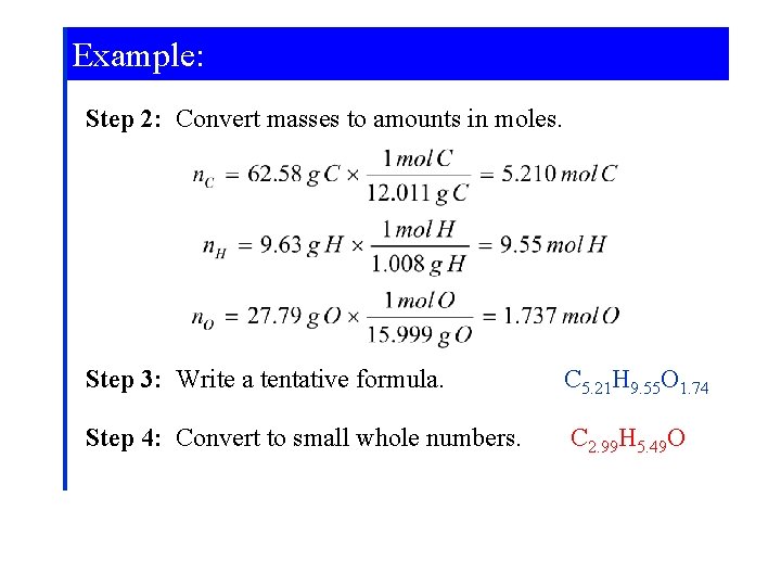 Example: Step 2: Convert masses to amounts in moles. Step 3: Write a tentative