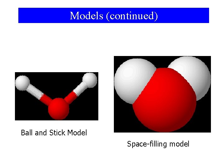 Models (continued) Ball and Stick Model Space-filling model 