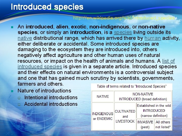 Introduced species http: //en. wikipedia. org/wiki/Introduced_species n n An introduced, alien, exotic, non-indigenous, or Introduced species http: //en. wikipedia. org/wiki/Introduced_species n n An introduced, alien, exotic, non-indigenous, or
