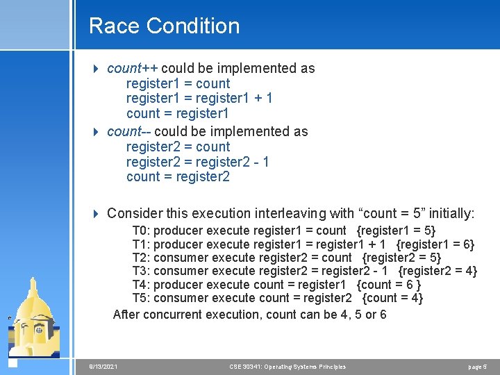 Race Condition 4 count++ could be implemented as register 1 = count register 1