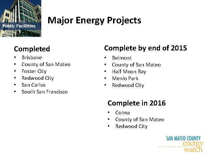 Major Energy Projects Completed • • • Brisbane County of San Mateo Foster City