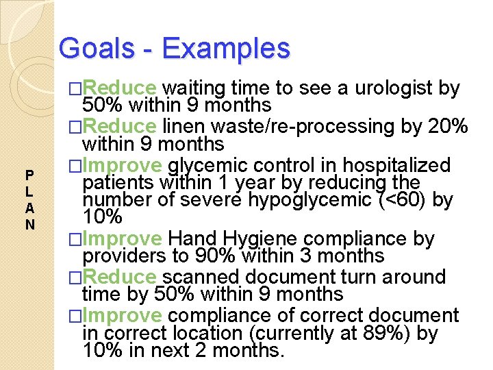 Goals - Examples �Reduce P L A N waiting time to see a urologist
