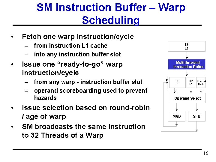 SM Instruction Buffer – Warp Scheduling • Fetch one warp instruction/cycle – from instruction