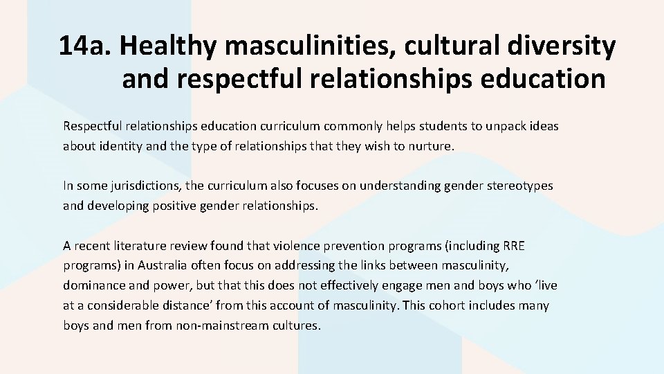14 a. Healthy masculinities, cultural diversity and respectful relationships education Respectful relationships education curriculum