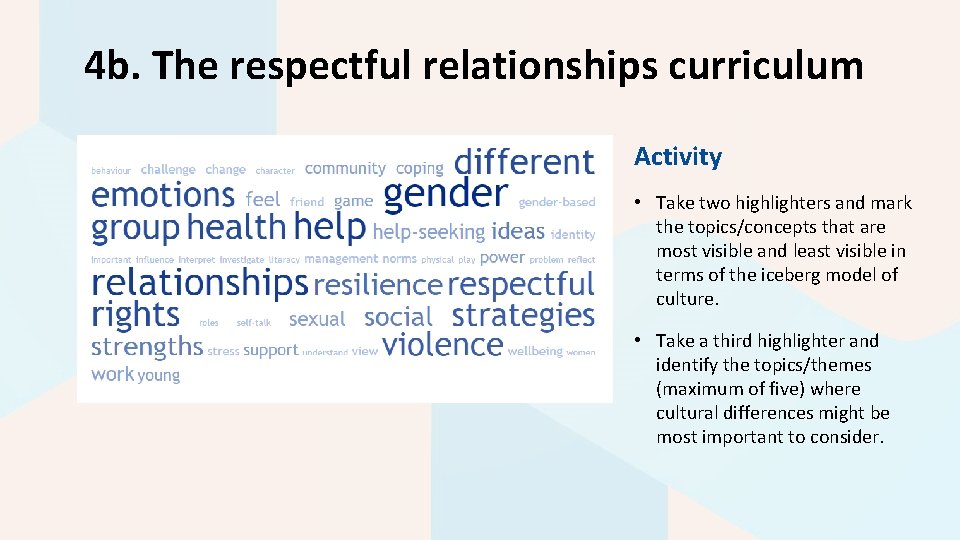 4 b. The respectful relationships curriculum Activity • Take two highlighters and mark the