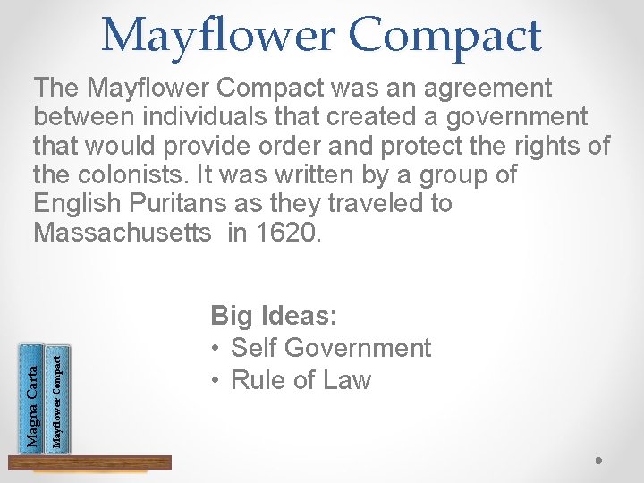 Mayflower Compact Magna Carta The Mayflower Compact was an agreement between individuals that created