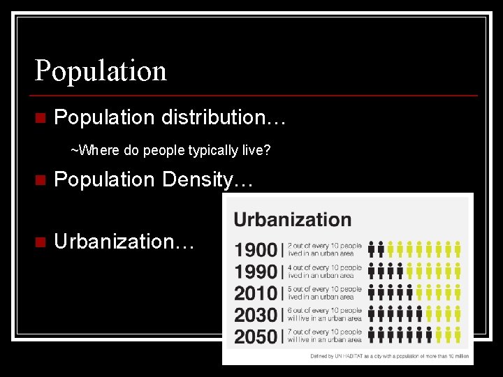 Population n Population distribution… ~Where do people typically live? n Population Density… n Urbanization…