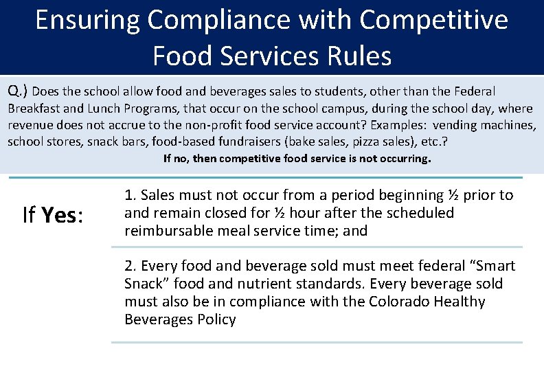 Ensuring Compliance with Competitive Food Services Rules Q. ) Does the school allow food