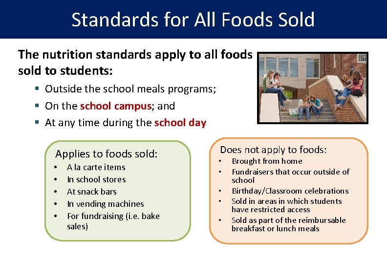 Standards for All Foods Sold The nutrition standards apply to all foods sold to